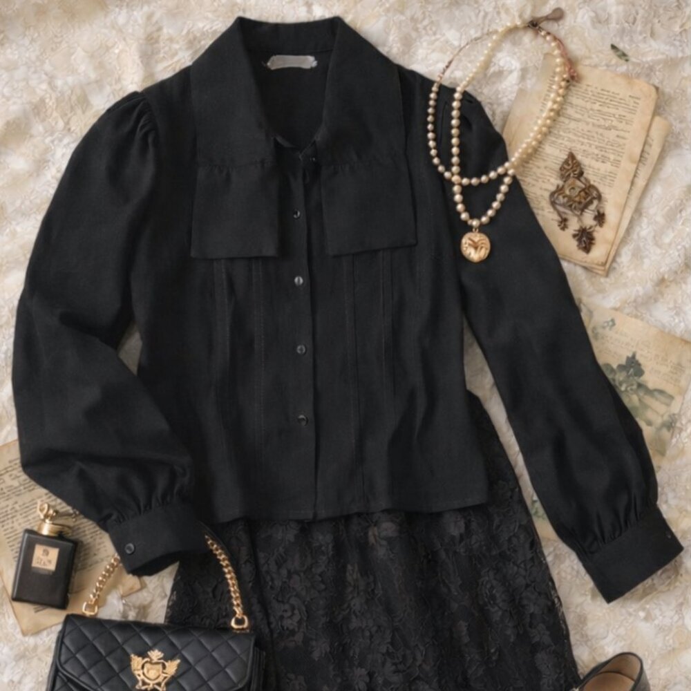 Donnkenny Retro Vintage Womens Black Button Up Pleated Blouse